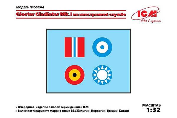 Декаль D3204 Gloster Gladiator Mk.I/II на иностранной службе (ICM D3204) 1/32