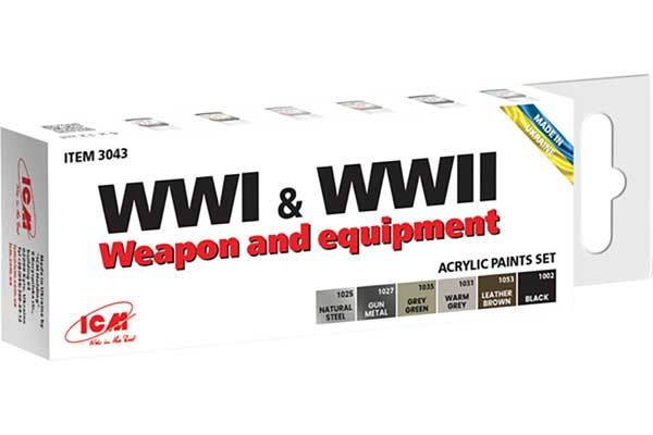 Набір акрилових фарб для зброї та спорядження Першої та Другої світової війни (ICM 3043) Набір акрилових фарб для зброї та спорядження Першої та Другої світової війни (ICM 3043)